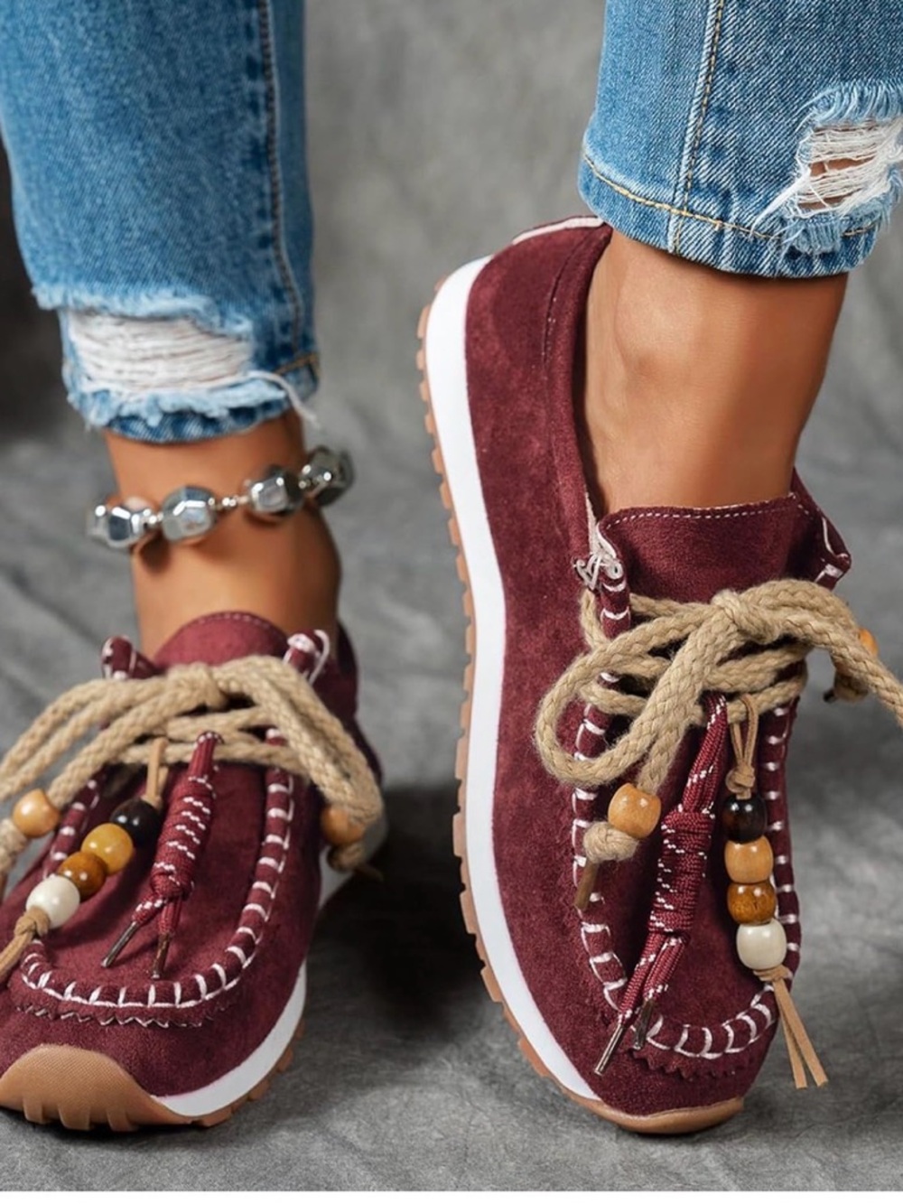 Casual Women's Burgundy Suede Moccasin Sneakers with Decorative Bead Laces